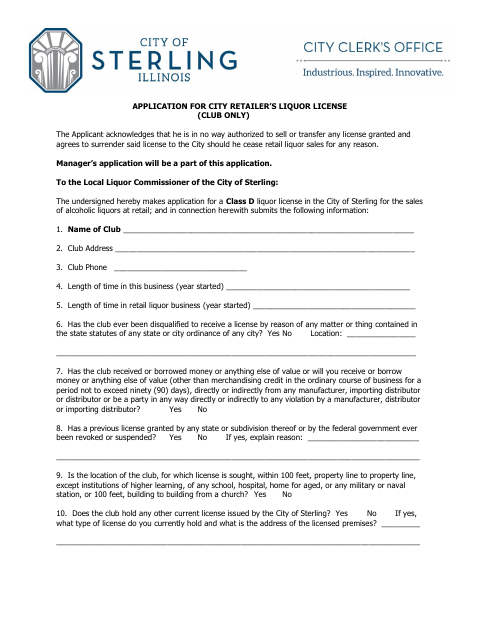 First page of the Retail Liquor License Application for Clubs