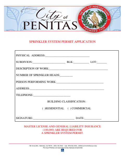 First page of the Sprinkler System Permit Application