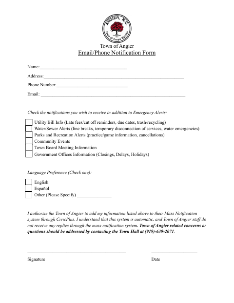 First page of the Email/Phone Notification Form