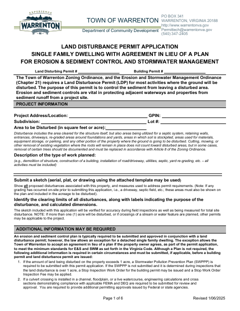 First page of the Single-Family Land Disturbance Permit Application