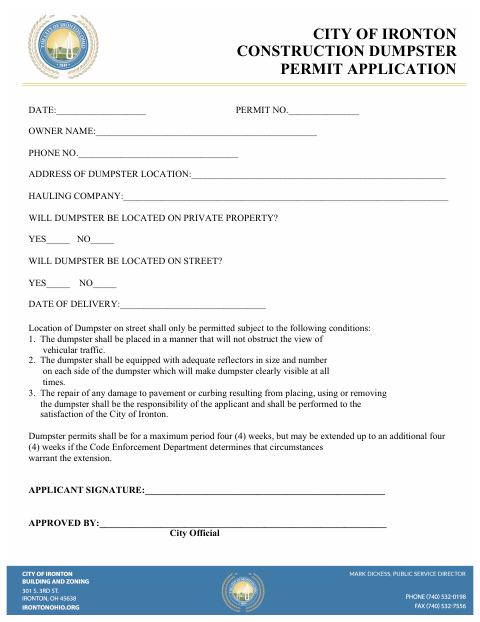 First page of the Construction Dumpster Permit Application