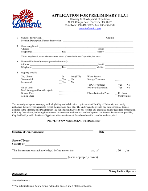 First page of the Preliminary Plat Application