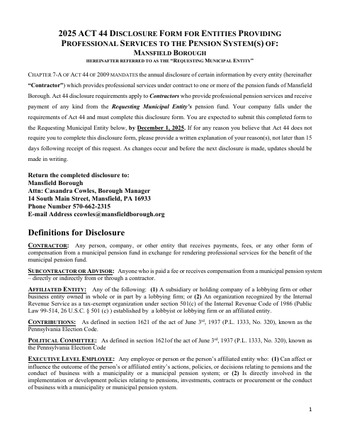 First page of the 2025 Act 44 Disclosure Form for Pension System Professional Services