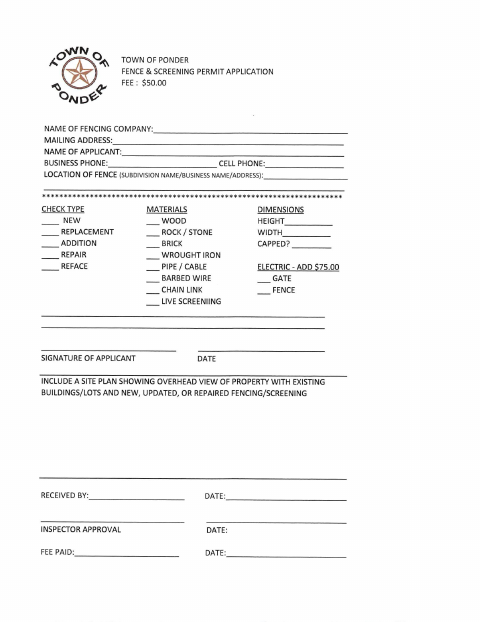 First page of the Fence & Screening Permit Application