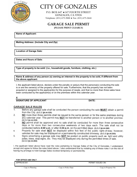 First page of the Garage Sale Permit