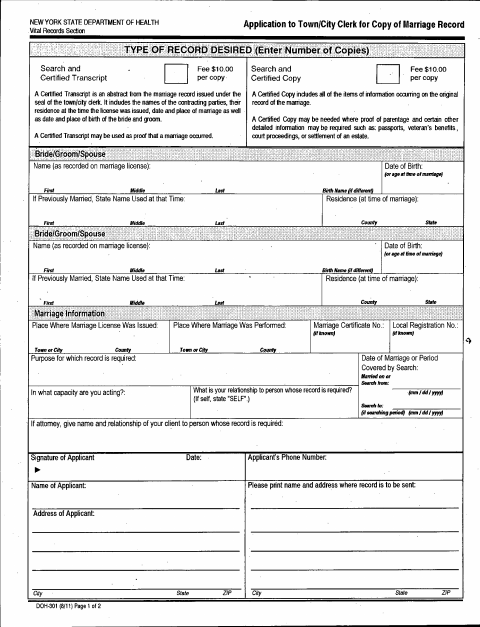 First page of the Application for Copy of Marriage Record