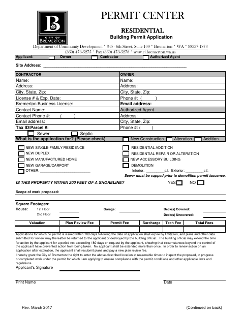 First page of the Residential Building Permit Application