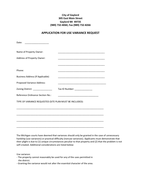 First page of the Application for Use Variance Request