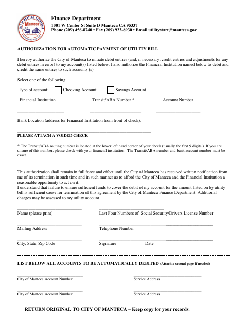 First page of the Authorization for Automatic Payment of Utility Bill