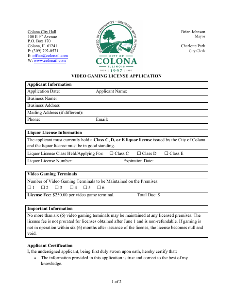 First page of the Video Gaming License Application