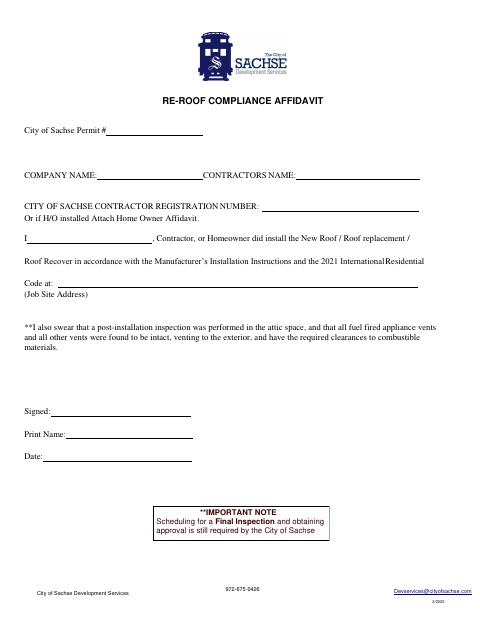 First page of the Residential Roof Compliance Affidavit