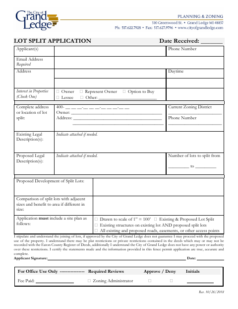First page of the Lot Split Application