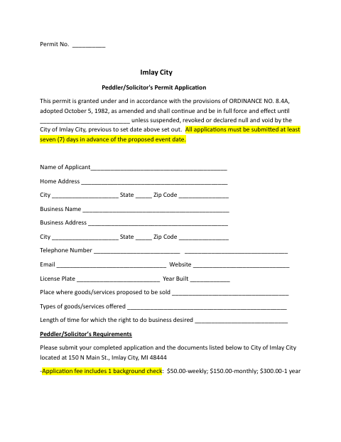 First page of the Peddler/Solicitor's Permit Application
