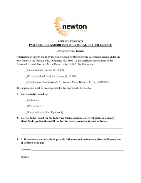 First page of the Pawnbroker and Precious Metal Dealer License Application