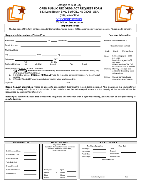 First page of the Open Public Records Act Request Form
