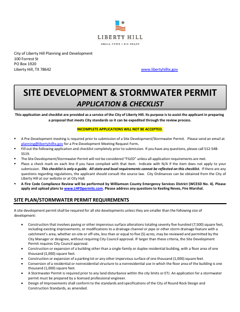 First page of the Site Development Permit Application and Checklist