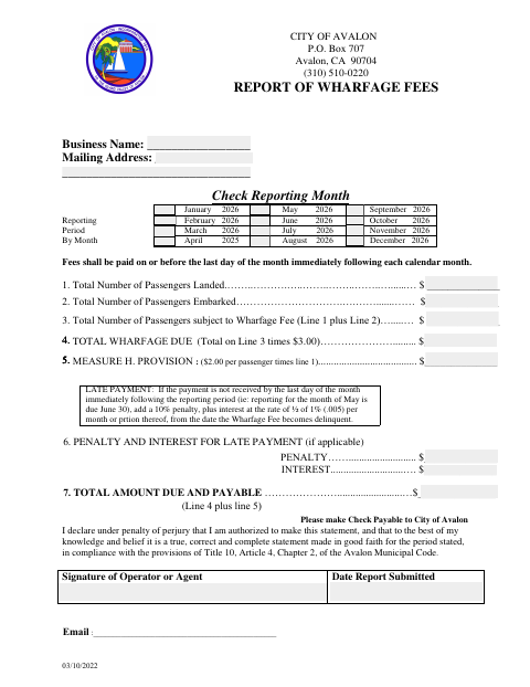 First page of the Report of Wharfage Fees