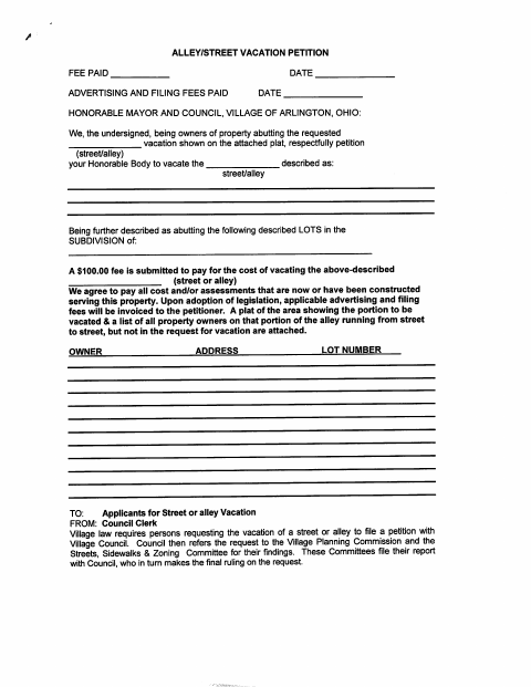 First page of the Alley/Street Vacation Petition