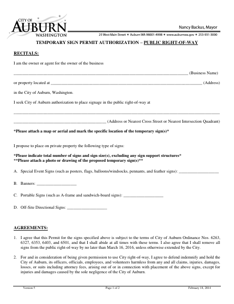 First page of the Temporary Sign Permit Authorization – Public Right-of-Way