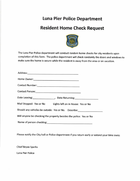 First page of the Resident Home Check Request