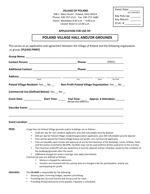 First page of the Application for Use of Village Hall or Grounds