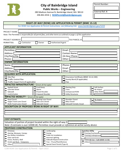 First page of the Right-of-Way (ROW) Use Application & Permit