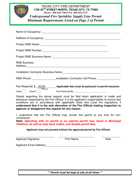 First page of the Underground Fire Sprinkler Supply Line Permit