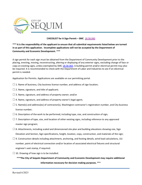 First page of the Checklist for a Sign Permit