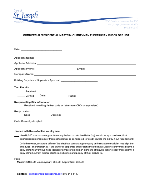 First page of the Electrician Experience Hours Affidavit and Check-Off List