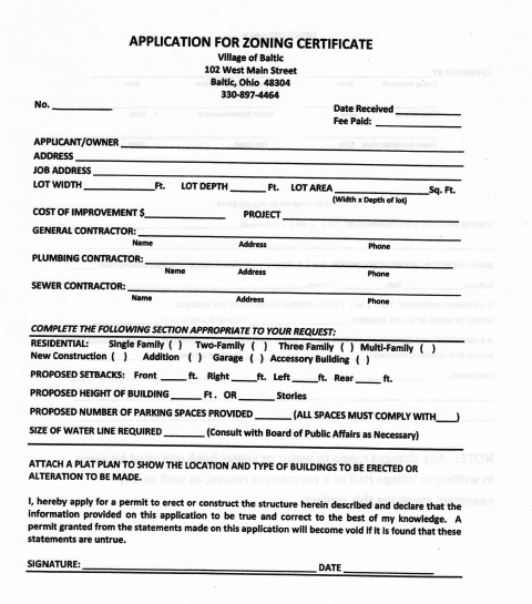 First page of the Application for Zoning Permit