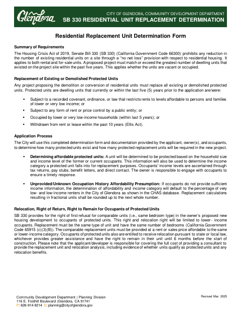 First page of the SB 330 Residential Unit Replacement Determination Form
