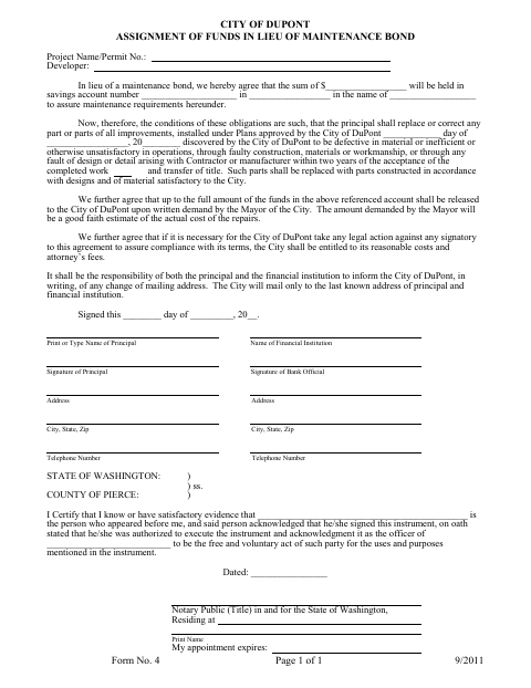 First page of the Assignment Of Funds In Lieu Of Maintenance Bond