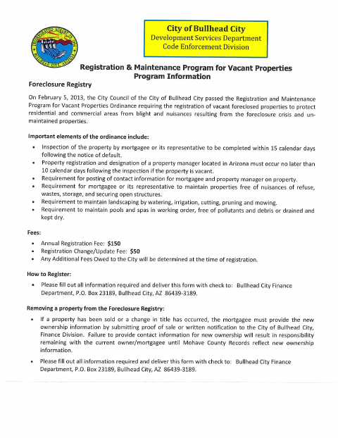 First page of the Vacant Properties Form