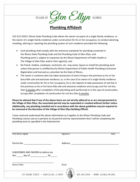 First page of the Plumbing Affidavit
