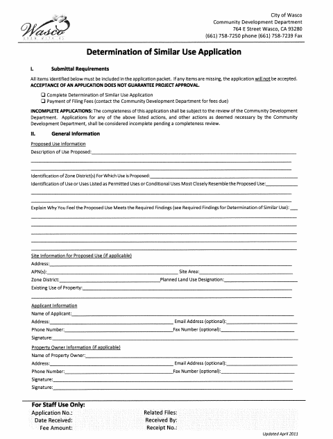 First page of the Determination of Similar Use Application
