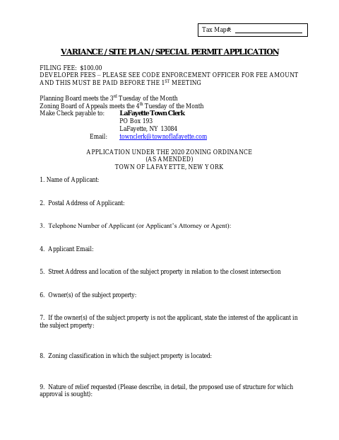 First page of the Variance / Site Plan / Special Permit Application