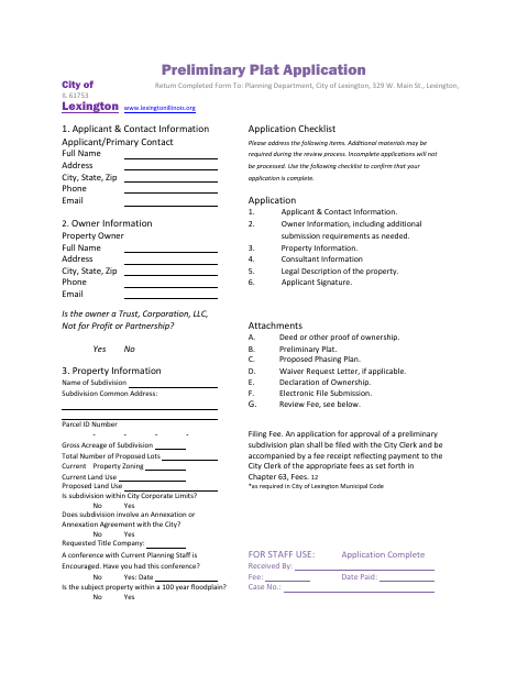 First page of the Preliminary Plat Application
