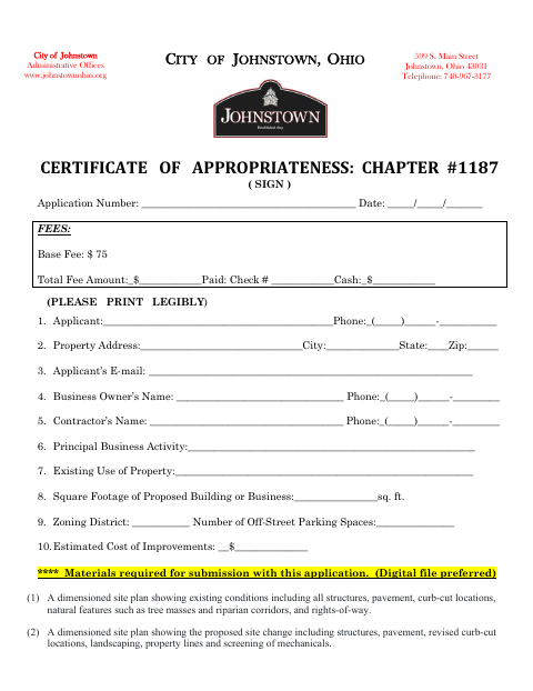 First page of the Certificate of Appropriateness Sign Application