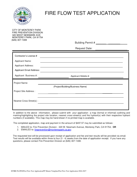 First page of the Fire Flow Test Application