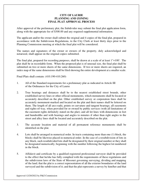 First page of the Final Plat Application
