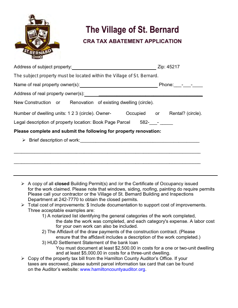 First page of the CRA Tax Abatement Application