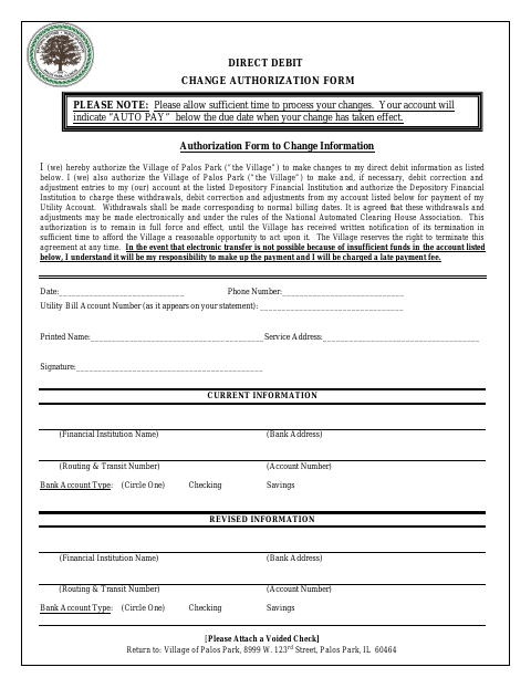 First page of the Direct Debit Change Authorization Form