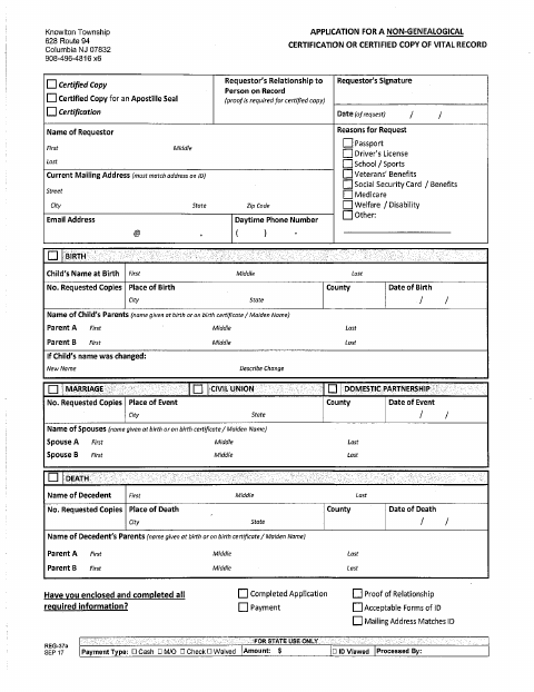 First page of the Certified Copy of a Vital Record Application