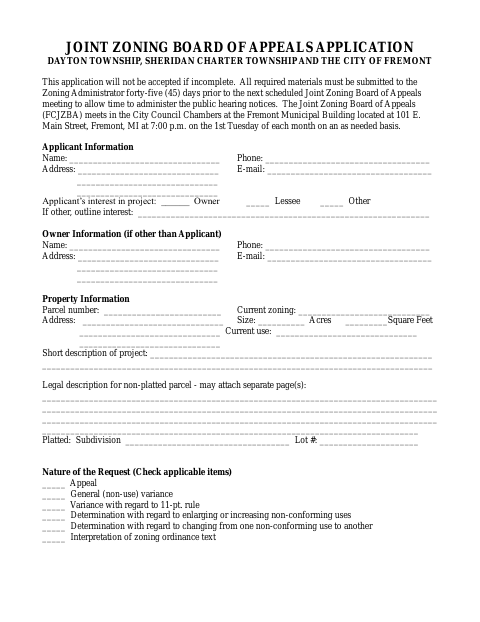 First page of the Joint Zoning Board of Appeals Application
