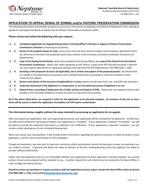 First page of the Appeal of Zoning or Historic Preservation Commission Decision