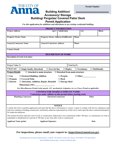 First page of the Building Addition/Accessory/Storage Building/Pergolas/Covered Patio/Deck Permit Application