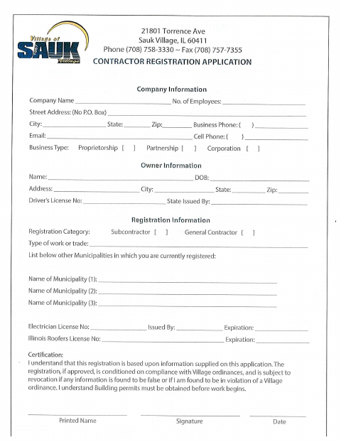 First page of the Contractor Registration Application