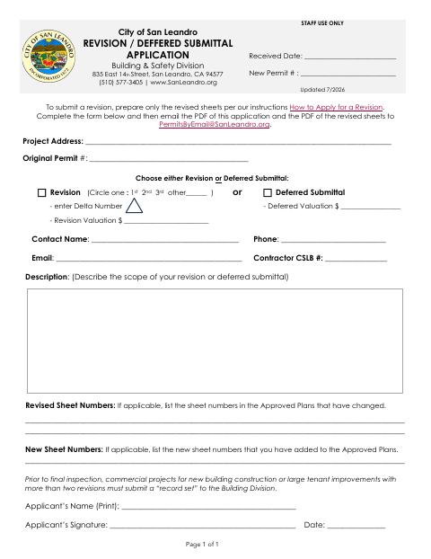 First page of the Revision / Deferred Submittal Application