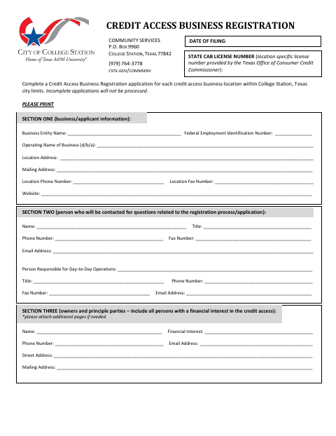 First page of the Credit Access Business Registration