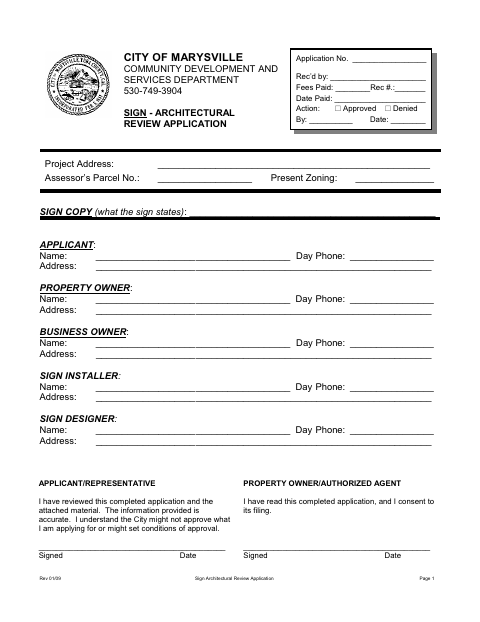 First page of the Sign Architectural Review Application